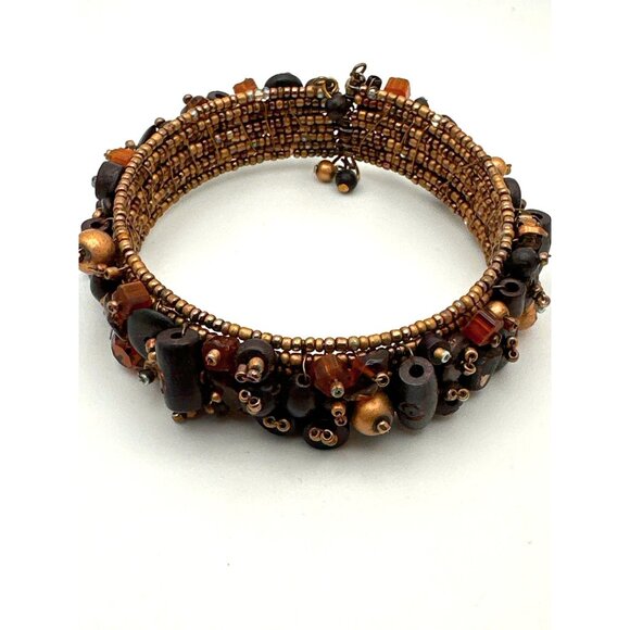 Boho Chic Multi Bead Bangle Bracelet Cuff Flex Wire Eclectic Earthy Tones Brown - Picture 9 of 9